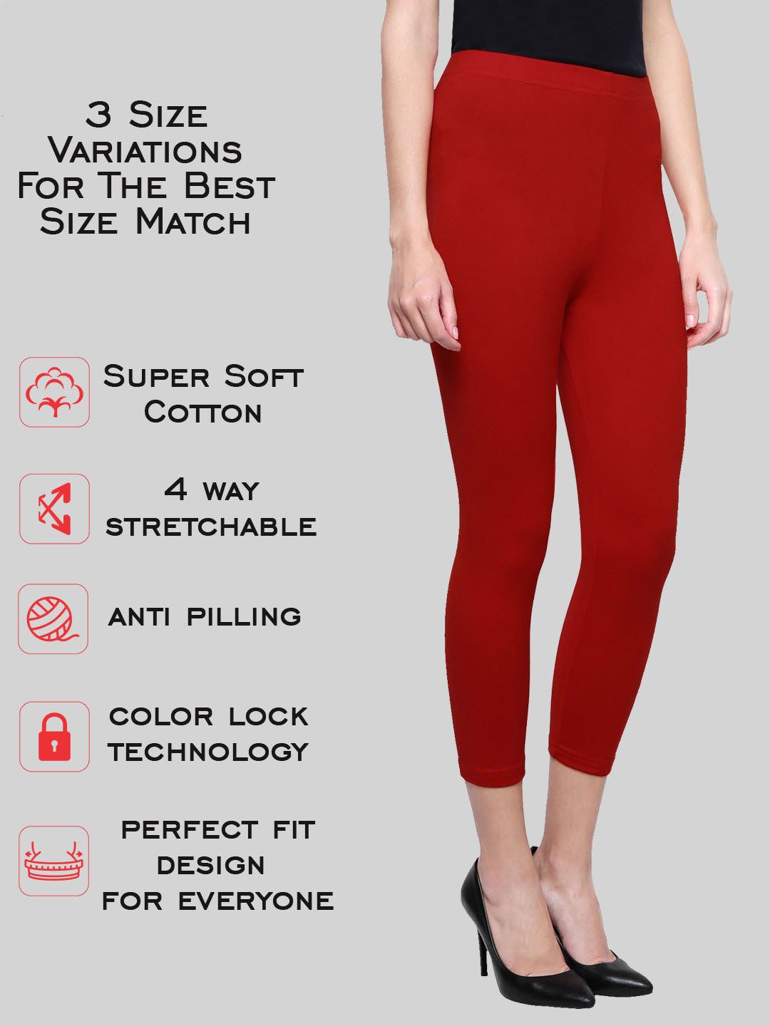 Saundarya Women’s Slim Fit Calf Length Super Combed Cotton Rich Lycra Fabric Tailored Cut Stretchable Solid Plain Color Leggings; Red