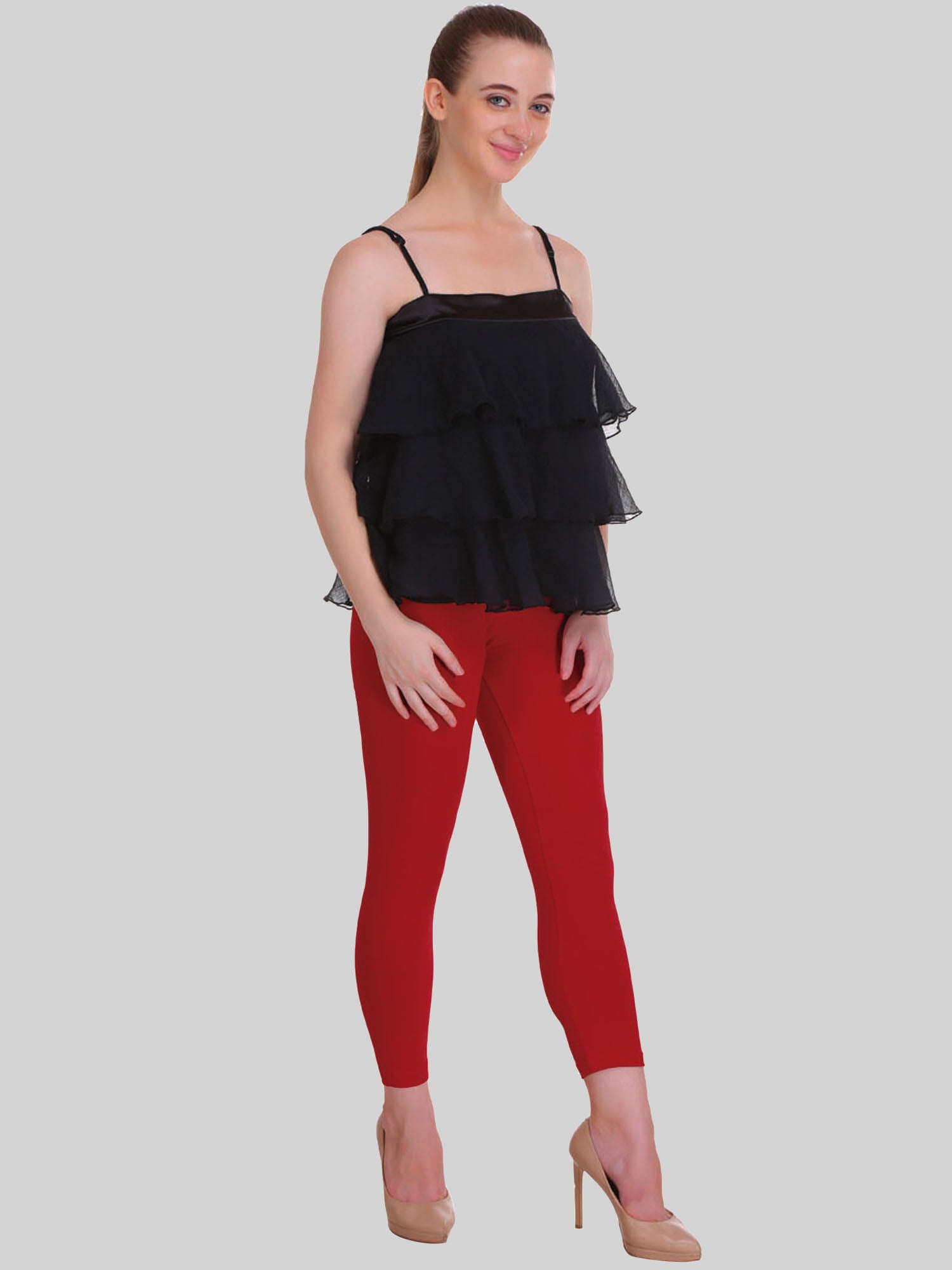 Saundarya Women’s Slim Fit Calf Length Super Combed Cotton Rich Lycra Fabric Tailored Cut Stretchable Solid Plain Color Leggings; Red