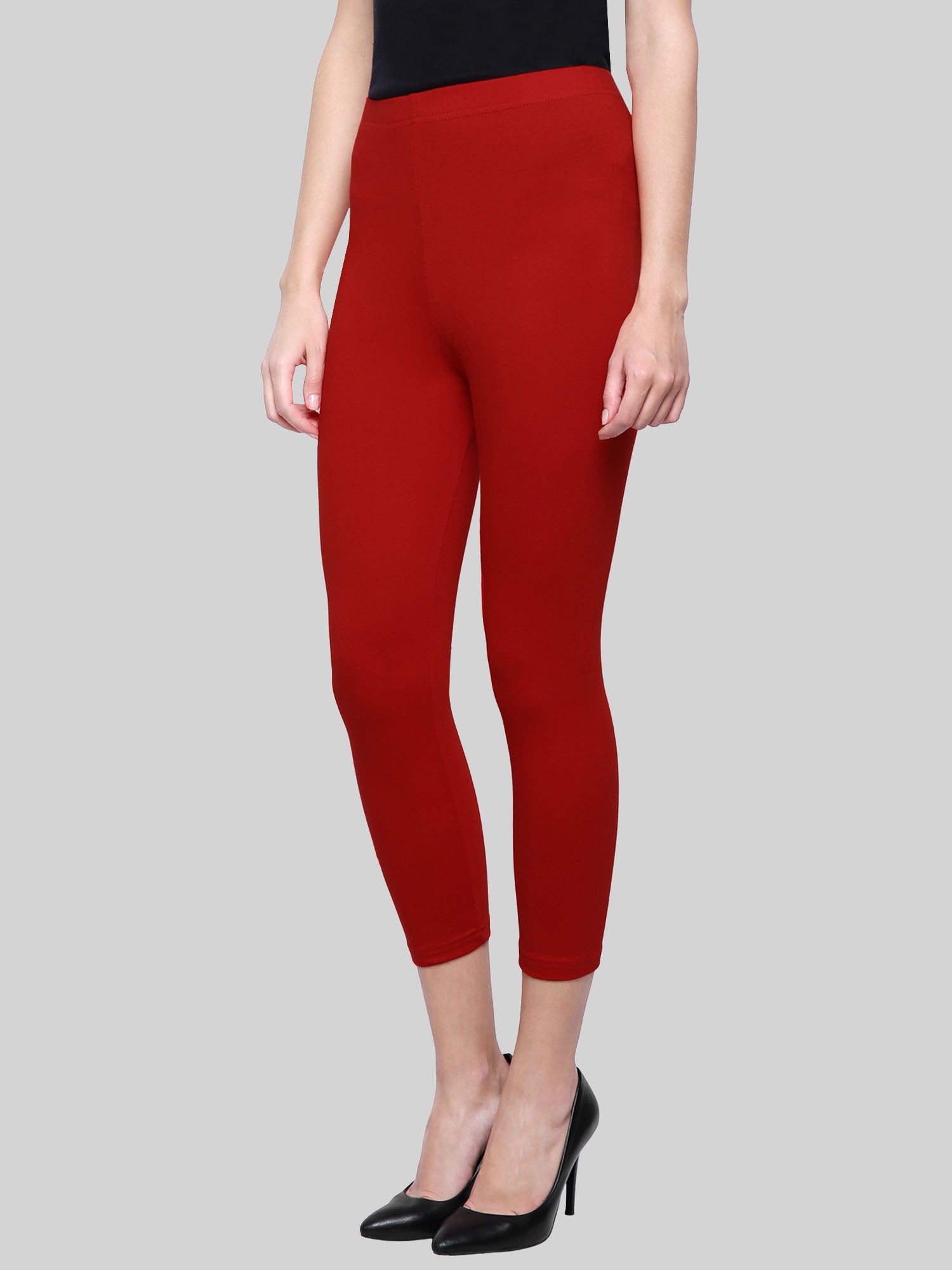 Saundarya Women’s Slim Fit Calf Length Super Combed Cotton Rich Lycra Fabric Tailored Cut Stretchable Solid Plain Color Leggings; Red
