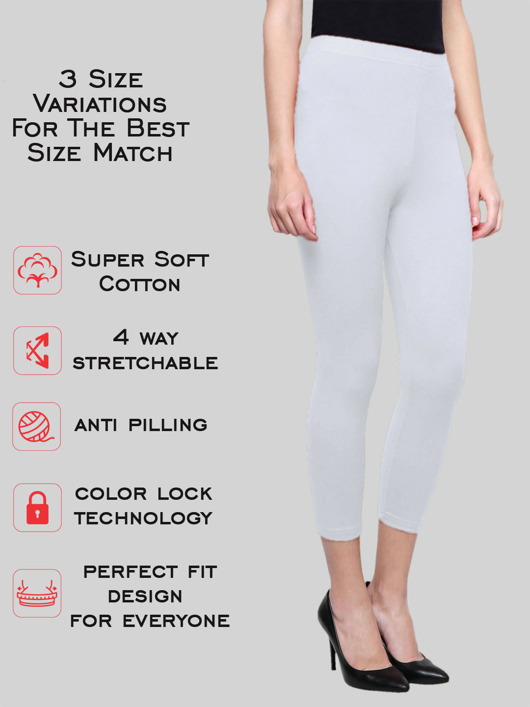 Saundarya Women’s Slim Fit Calf Length Super Combed Cotton Rich Lycra Fabric Tailored Cut Stretchable Solid Plain Color Leggings; White