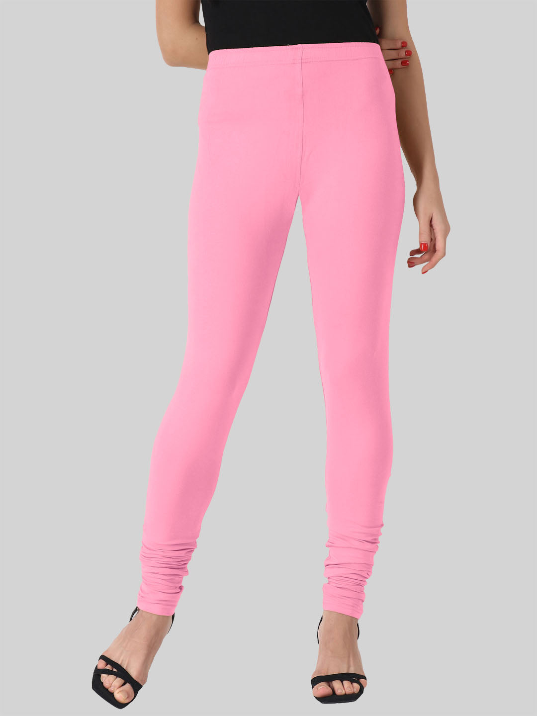 Saundarya Women’s Slim Fit Churidar Super Combed Cotton Rich Lycra Fabric Tailored Cut Stretchable Solid Plain Color Leggings; Baby Pink