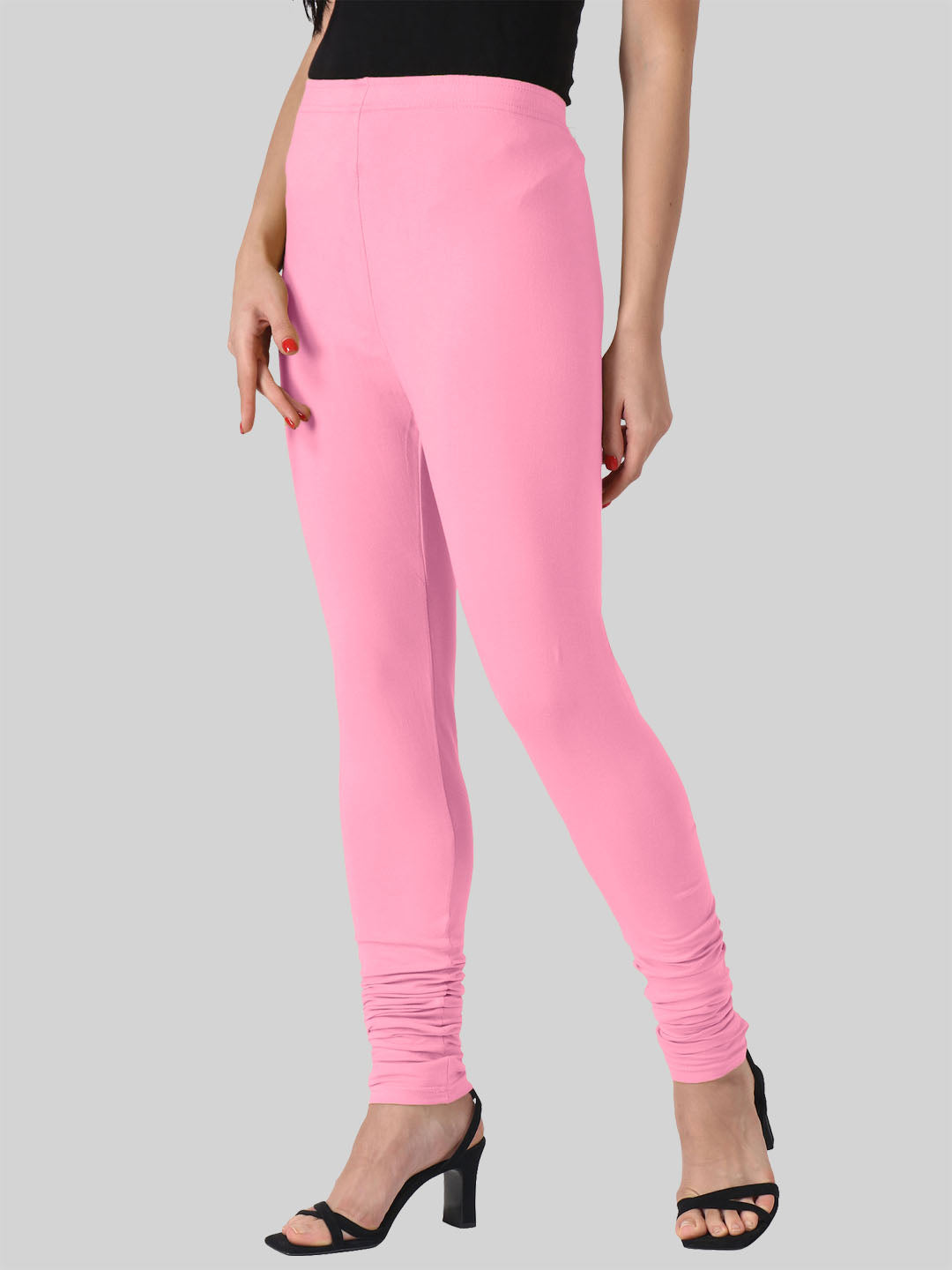 Saundarya Women’s Slim Fit Churidar Super Combed Cotton Rich Lycra Fabric Tailored Cut Stretchable Solid Plain Color Leggings; Baby Pink
