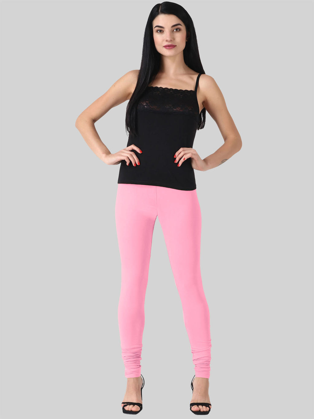 Saundarya Women’s Slim Fit Churidar Super Combed Cotton Rich Lycra Fabric Tailored Cut Stretchable Solid Plain Color Leggings; Baby Pink