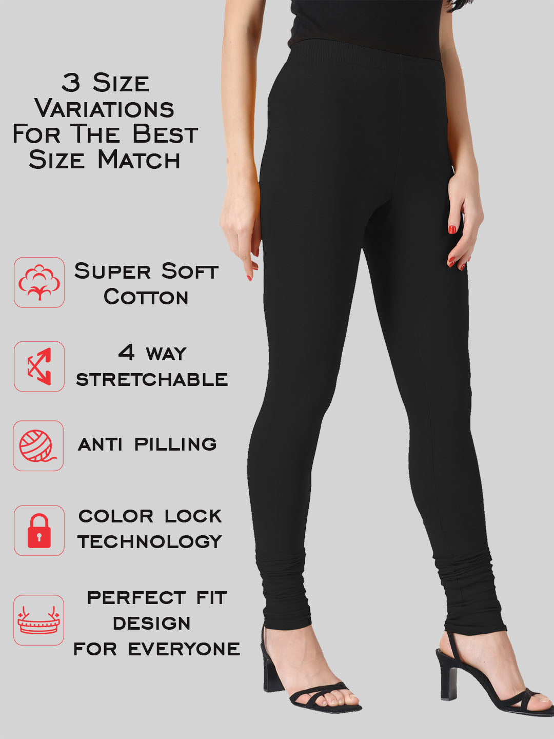 Saundarya Women’s Slim Fit Churidar Super Combed Cotton Rich Lycra Fabric Tailored Cut Stretchable Solid Plain Color Leggings; Black