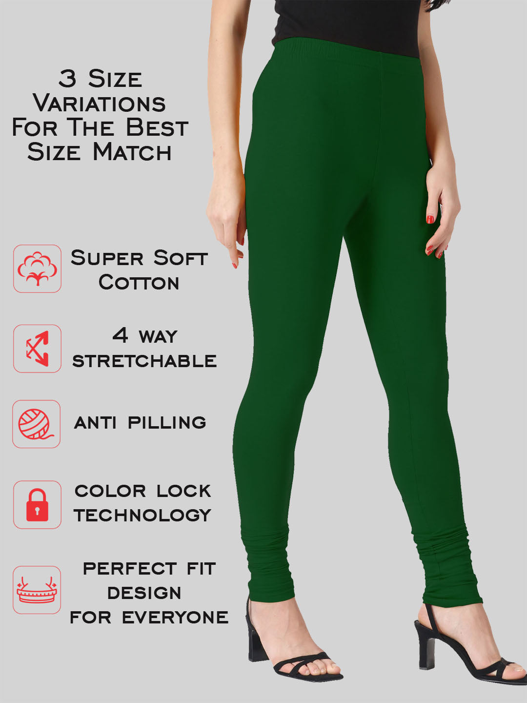 Saundarya Women’s Slim Fit Churidar Super Combed Cotton Rich Lycra Fabric Tailored Cut Stretchable Solid Plain Color Leggings; Bottle Green