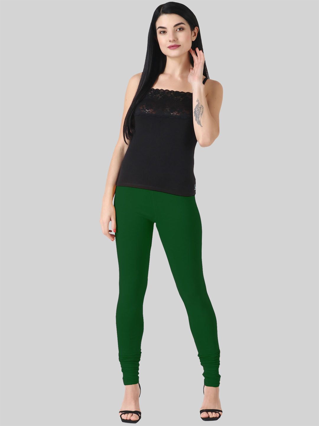 Saundarya Women’s Slim Fit Churidar Super Combed Cotton Rich Lycra Fabric Tailored Cut Stretchable Solid Plain Color Leggings; Bottle Green