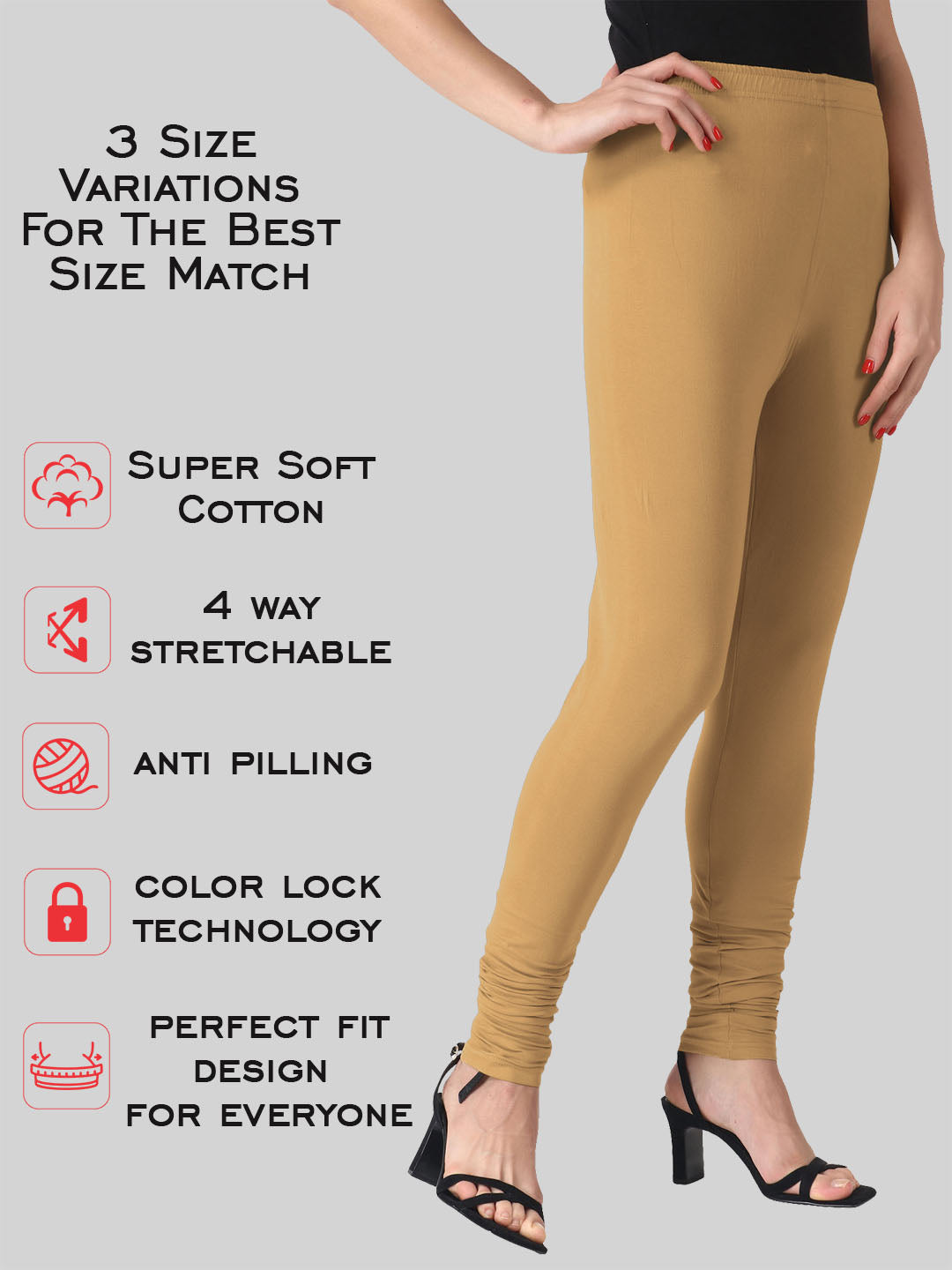 Saundarya Women’s Slim Fit Churidar Super Combed Cotton Rich Lycra Fabric Tailored Cut Stretchable Solid Plain Color Leggings; Dark Beige