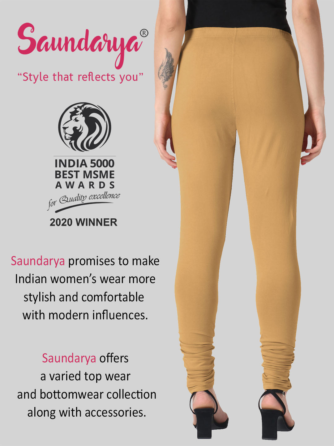 Saundarya Women’s Slim Fit Churidar Super Combed Cotton Rich Lycra Fabric Tailored Cut Stretchable Solid Plain Color Leggings; Dark Beige