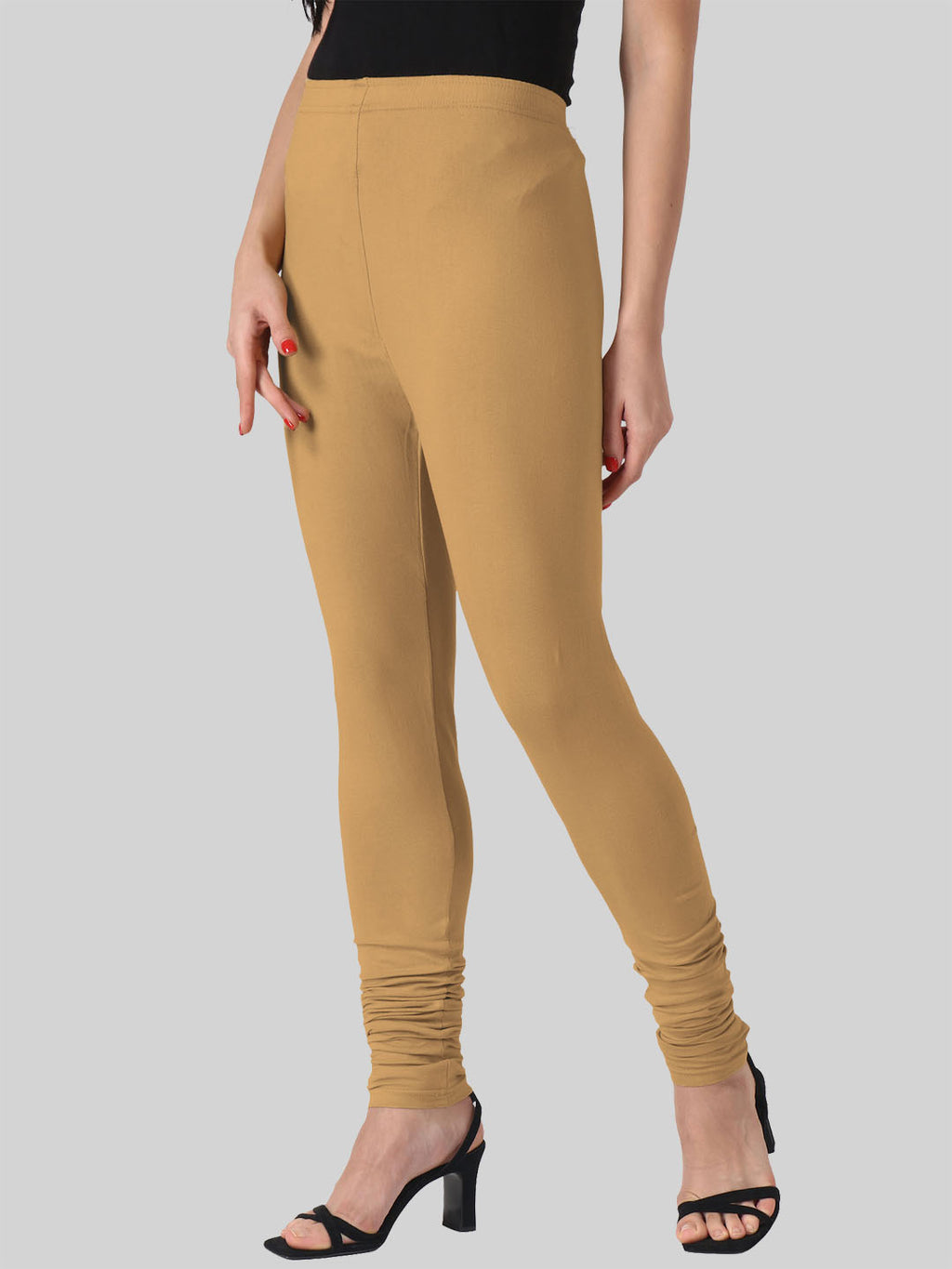 Saundarya Women’s Slim Fit Churidar Super Combed Cotton Rich Lycra Fabric Tailored Cut Stretchable Solid Plain Color Leggings; Dark Beige