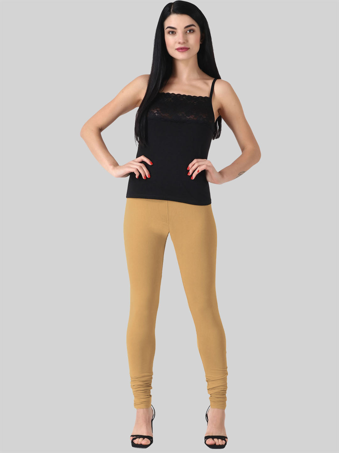 Saundarya Women’s Slim Fit Churidar Super Combed Cotton Rich Lycra Fabric Tailored Cut Stretchable Solid Plain Color Leggings; Dark Beige