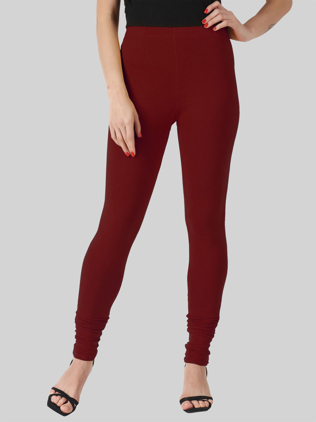 Saundarya Women’s Slim Fit Churidar Super Combed Cotton Rich Lycra Fabric Tailored Cut Stretchable Solid Plain Color Leggings; Dark Maroon