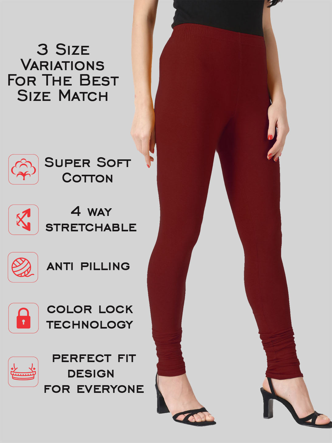 Saundarya Women’s Slim Fit Churidar Super Combed Cotton Rich Lycra Fabric Tailored Cut Stretchable Solid Plain Color Leggings; Dark Maroon