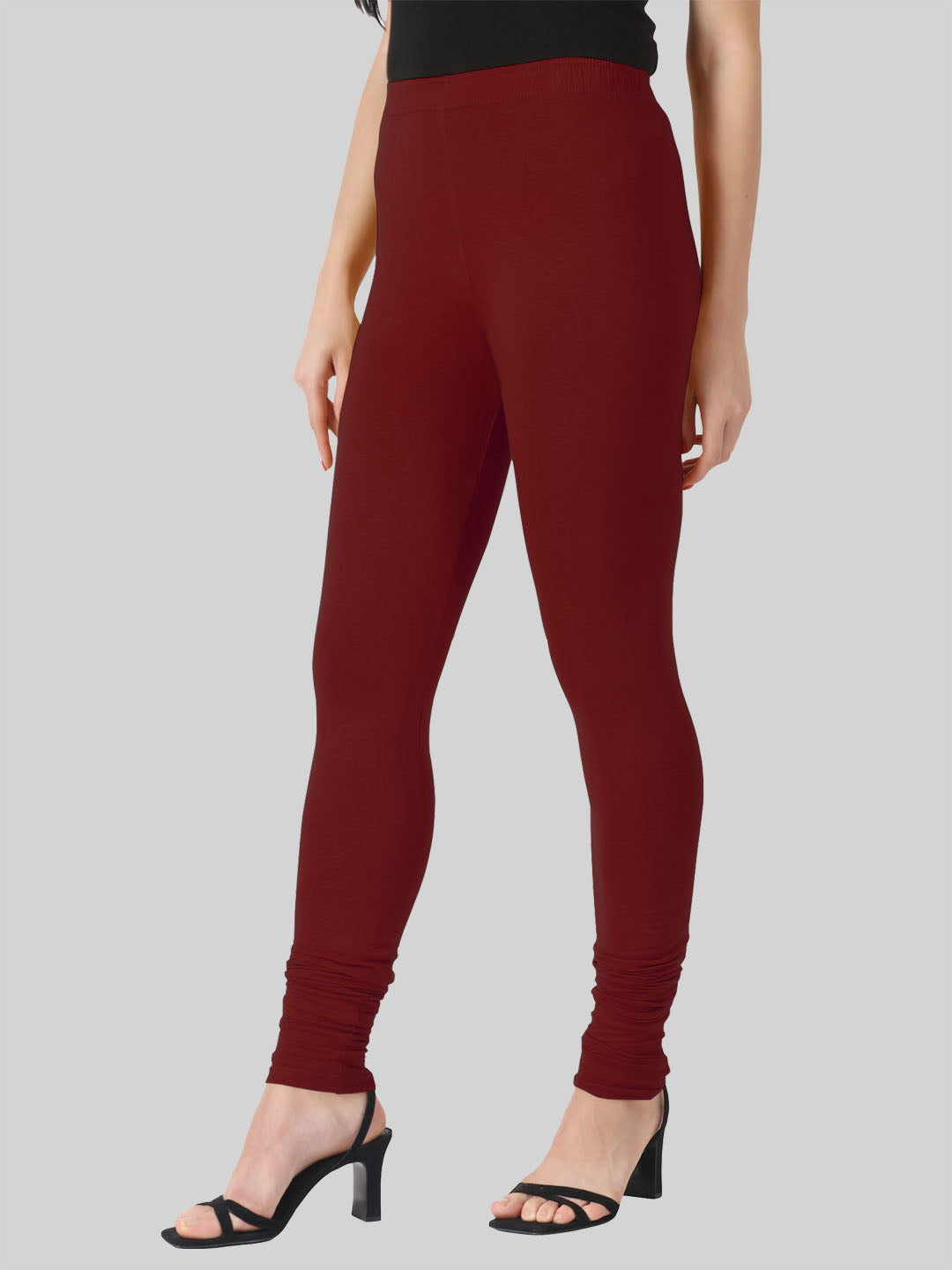 Saundarya Women’s Slim Fit Churidar Super Combed Cotton Rich Lycra Fabric Tailored Cut Stretchable Solid Plain Color Leggings; Dark Maroon