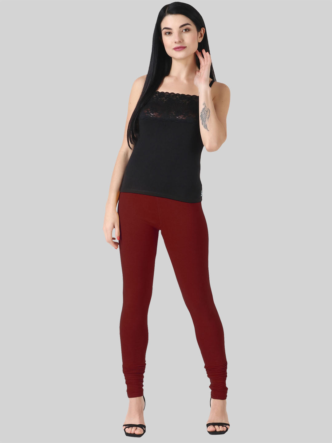 Saundarya Women’s Slim Fit Churidar Super Combed Cotton Rich Lycra Fabric Tailored Cut Stretchable Solid Plain Color Leggings; Dark Maroon