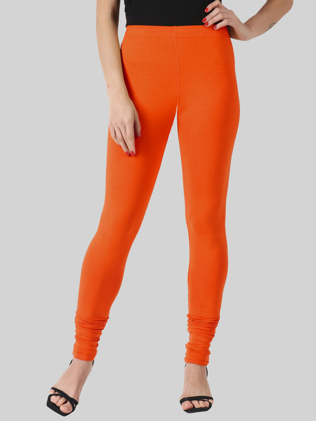 Saundarya Women’s Slim Fit Churidar Super Combed Cotton Rich Lycra Fabric Tailored Cut Stretchable Solid Plain Color Leggings; Dark Orange