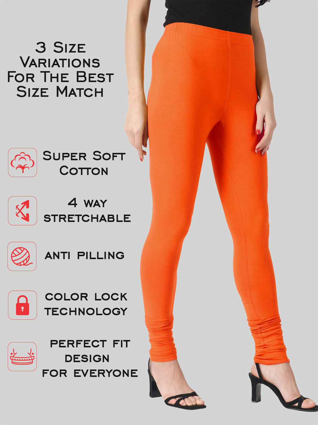 Saundarya Women’s Slim Fit Churidar Super Combed Cotton Rich Lycra Fabric Tailored Cut Stretchable Solid Plain Color Leggings; Dark Orange