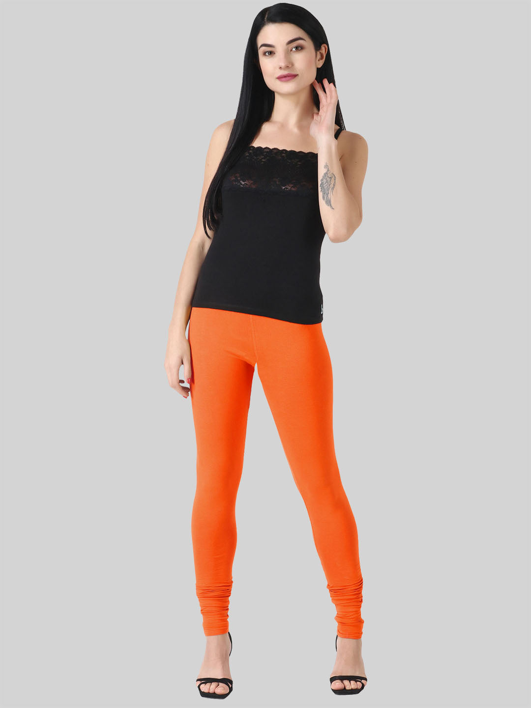 Saundarya Women’s Slim Fit Churidar Super Combed Cotton Rich Lycra Fabric Tailored Cut Stretchable Solid Plain Color Leggings; Dark Orange