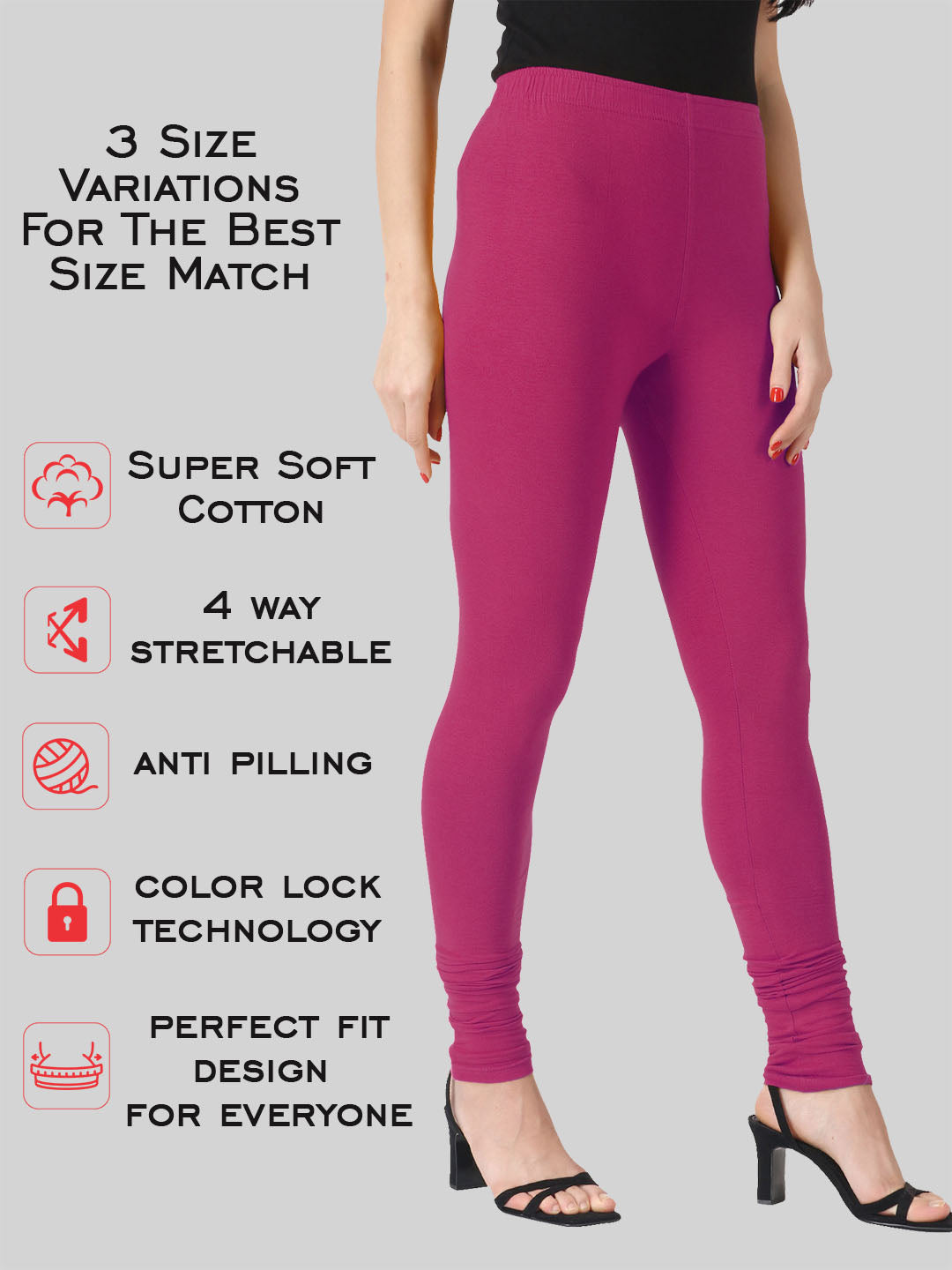 Saundarya Women’s Slim Fit Churidar Super Combed Cotton Rich Lycra Fabric Tailored Cut Stretchable Solid Plain Color Leggings; Dark Pink