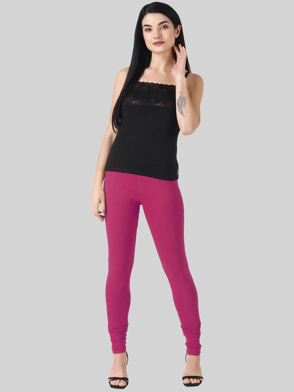 Saundarya Women’s Slim Fit Churidar Super Combed Cotton Rich Lycra Fabric Tailored Cut Stretchable Solid Plain Color Leggings; Dark Pink