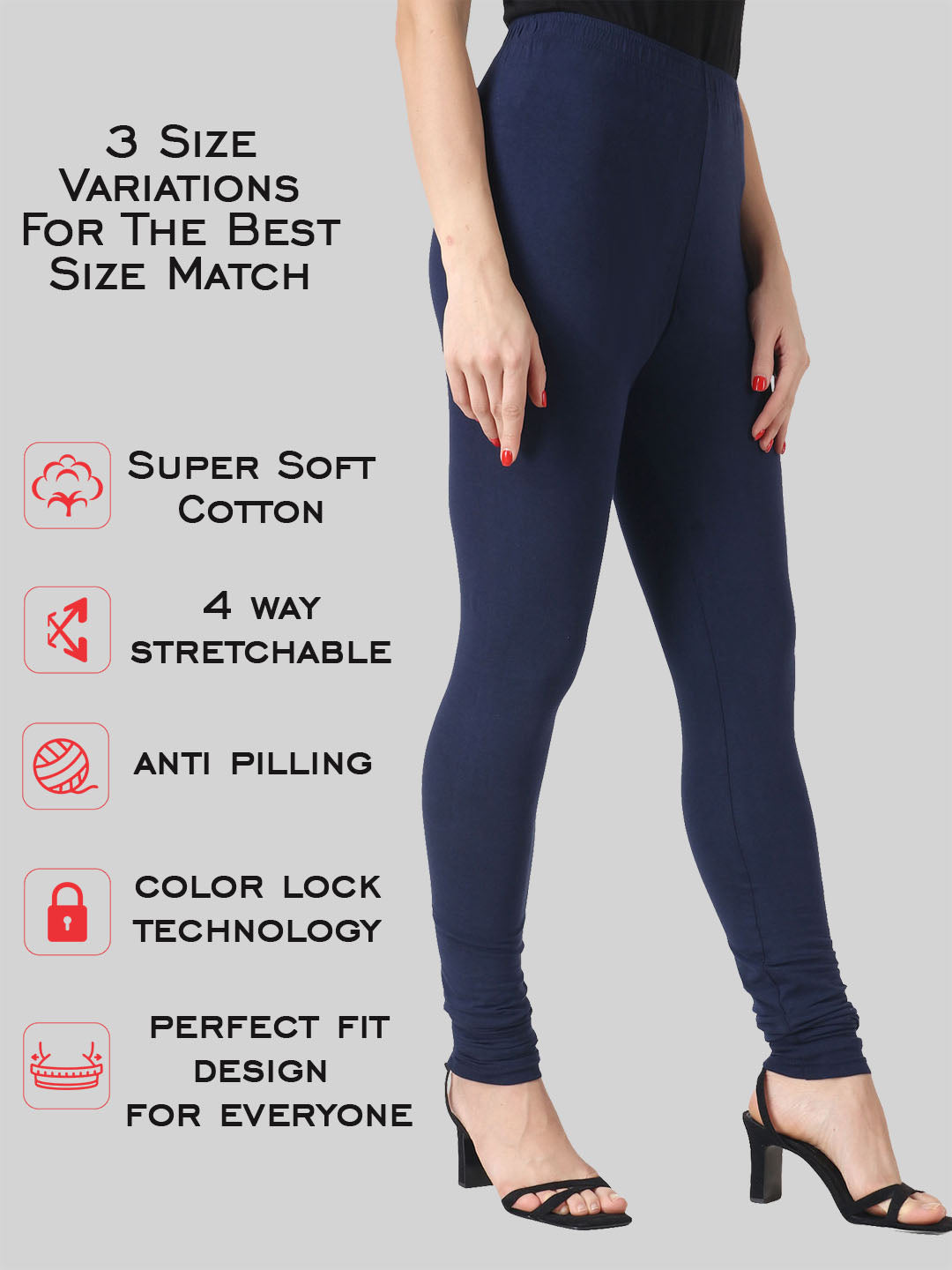Saundarya Women’s Slim Fit Churidar Super Combed Cotton Rich Lycra Fabric Tailored Cut Stretchable Solid Plain Color Leggings; Navy Blue