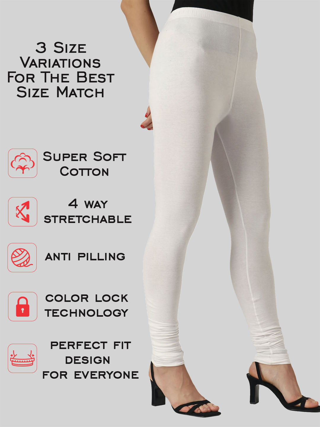 Saundarya Women’s Slim Fit Churidar Super Combed Cotton Rich Lycra Fabric Tailored Cut Stretchable Solid Plain Color Leggings; Off White