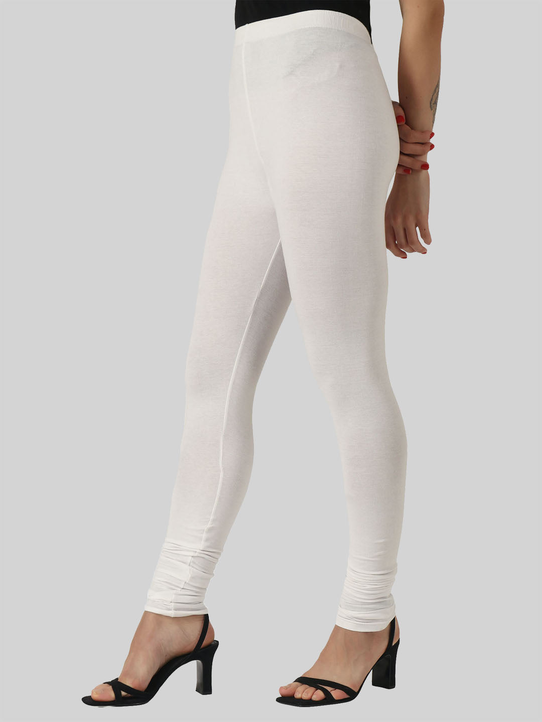 Saundarya Women’s Slim Fit Churidar Super Combed Cotton Rich Lycra Fabric Tailored Cut Stretchable Solid Plain Color Leggings; Off White