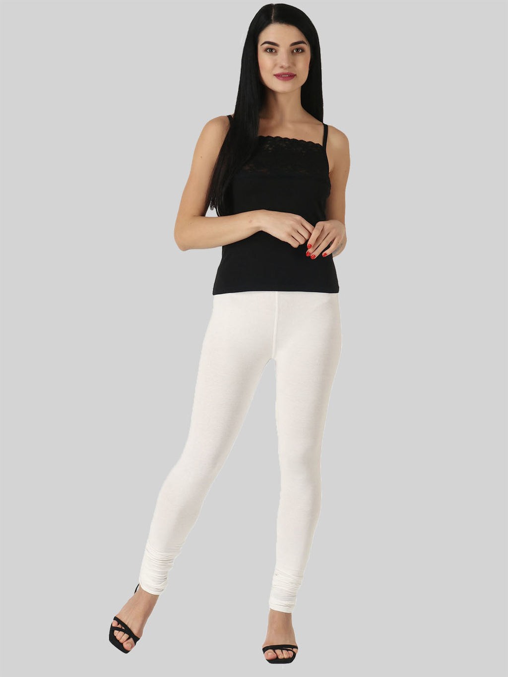 Saundarya Women’s Slim Fit Churidar Super Combed Cotton Rich Lycra Fabric Tailored Cut Stretchable Solid Plain Color Leggings; Off White