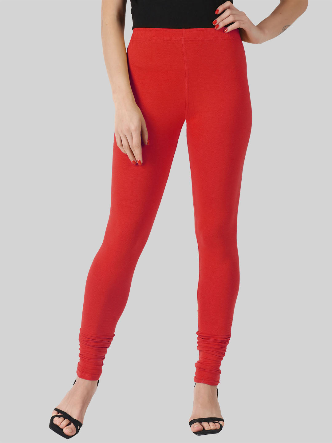 Saundarya Women’s Slim Fit Churidar Super Combed Cotton Rich Lycra Fabric Tailored Cut Stretchable Solid Plain Color Leggings; Red