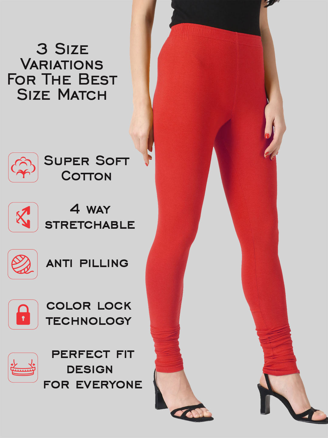 Saundarya Women’s Slim Fit Churidar Super Combed Cotton Rich Lycra Fabric Tailored Cut Stretchable Solid Plain Color Leggings; Red