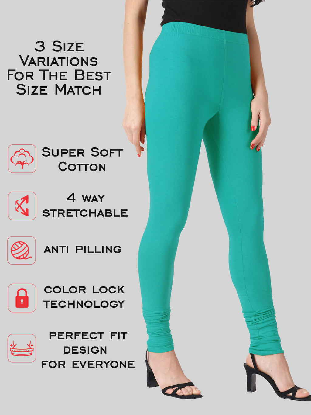 Saundarya Women’s Slim Fit Churidar Super Combed Cotton Rich Lycra Fabric Tailored Cut Stretchable Solid Plain Color Leggings; Teal Green