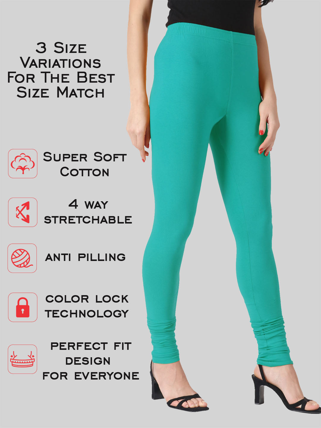 Saundarya Women’s Slim Fit Churidar Super Combed Cotton Rich Lycra Fabric Tailored Cut Stretchable Solid Plain Color Leggings; Teal Green