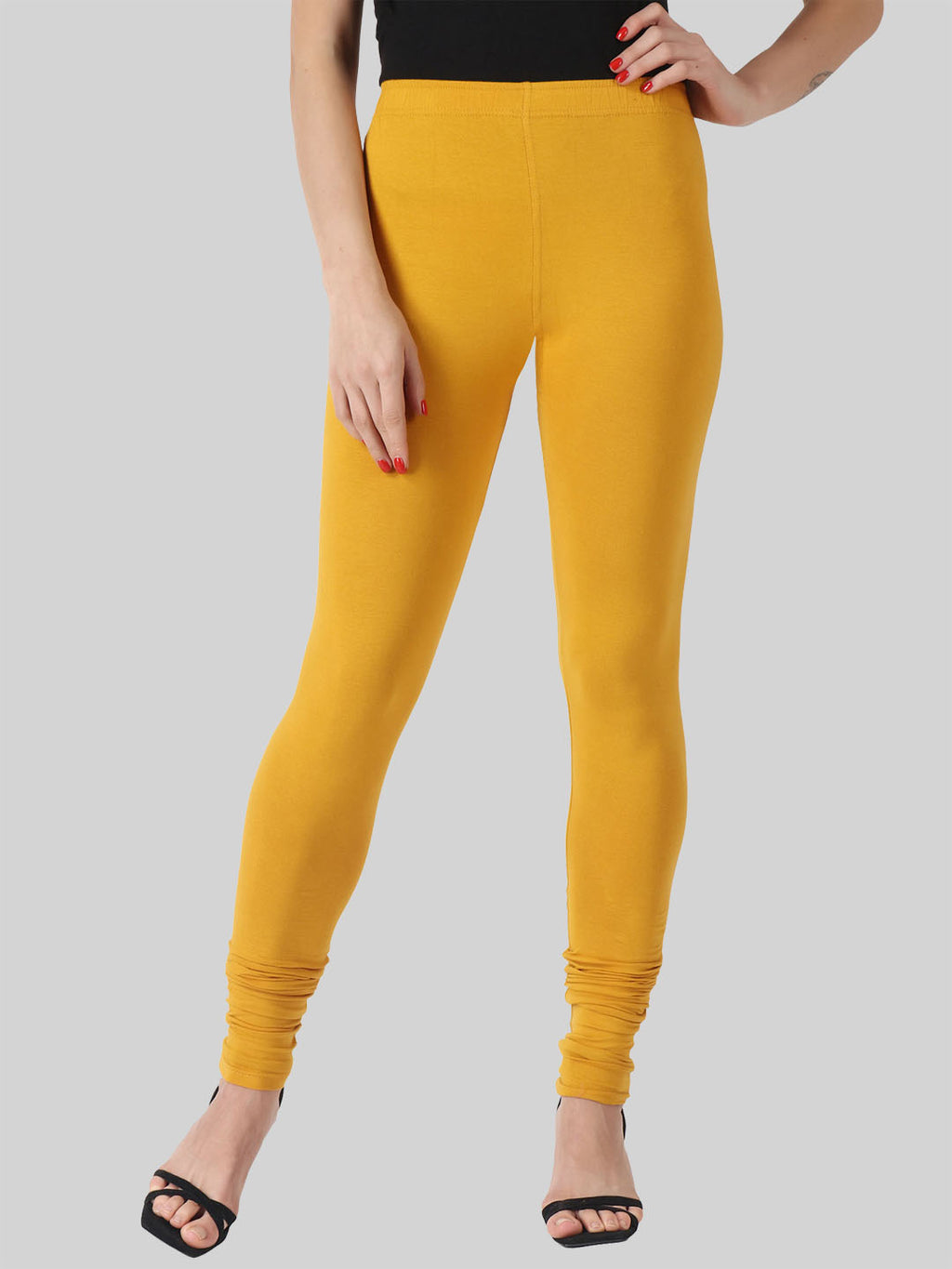 Saundarya Women’s Slim Fit Churidar Super Combed Cotton Rich Lycra Fabric Tailored Cut Stretchable Solid Plain Color Leggings; Turmeric Yellow