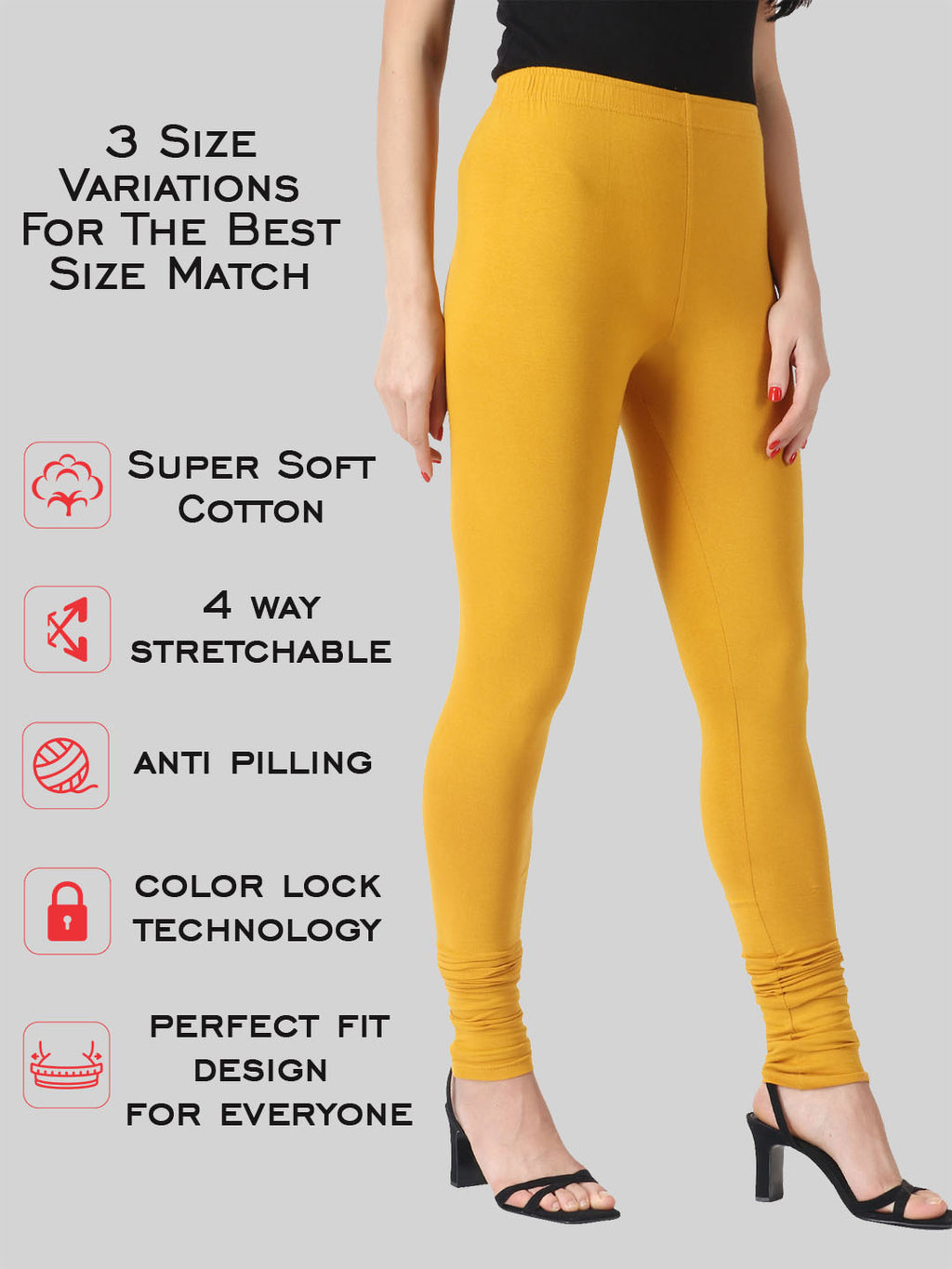 Saundarya Women’s Slim Fit Churidar Super Combed Cotton Rich Lycra Fabric Tailored Cut Stretchable Solid Plain Color Leggings; Turmeric Yellow