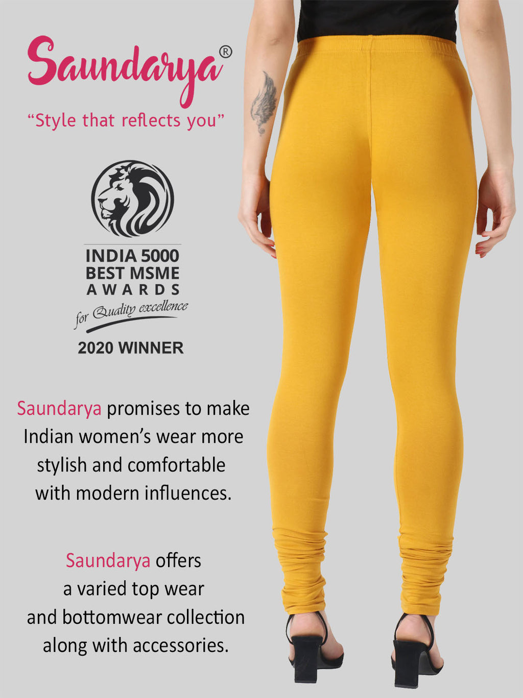Saundarya Women’s Slim Fit Churidar Super Combed Cotton Rich Lycra Fabric Tailored Cut Stretchable Solid Plain Color Leggings; Turmeric Yellow