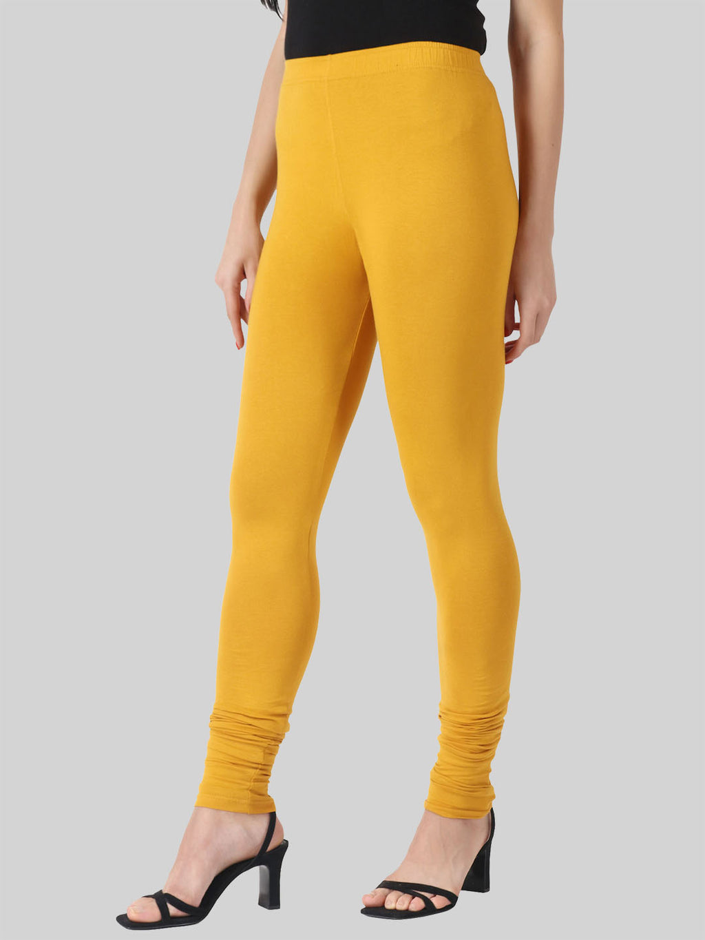 Saundarya Women’s Slim Fit Churidar Super Combed Cotton Rich Lycra Fabric Tailored Cut Stretchable Solid Plain Color Leggings; Turmeric Yellow