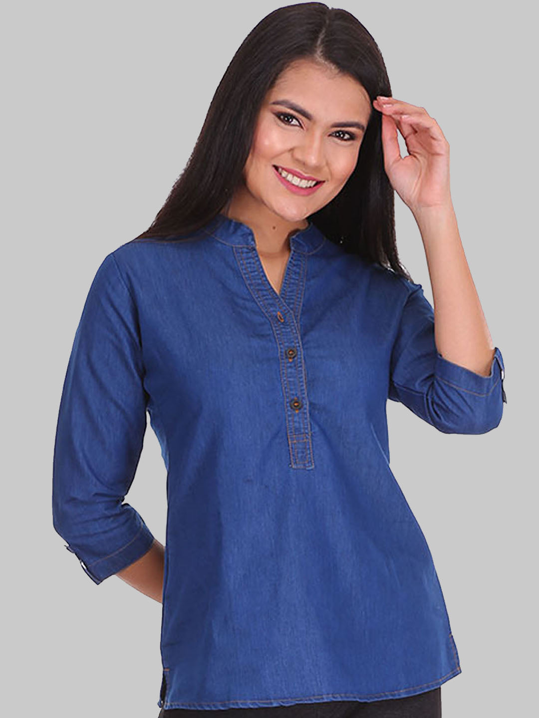 Saundarya Women's Denim Band Collar Top