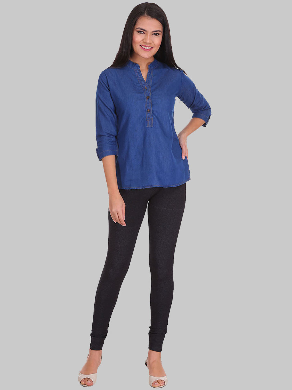 Saundarya Women's Denim Band Collar Top