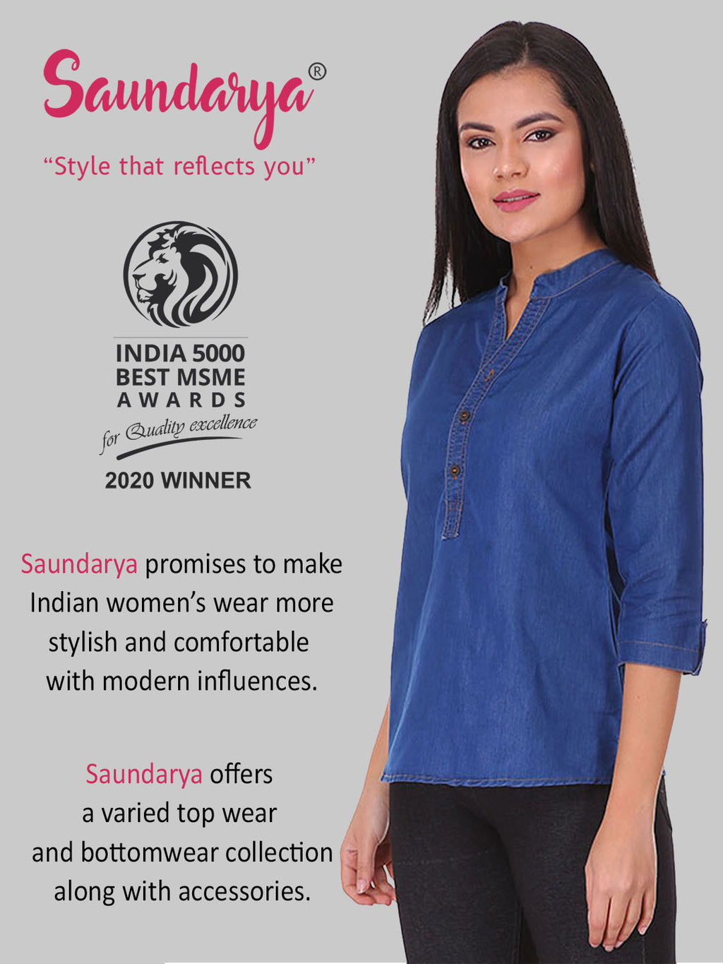 Saundarya Women's Denim Band Collar Top