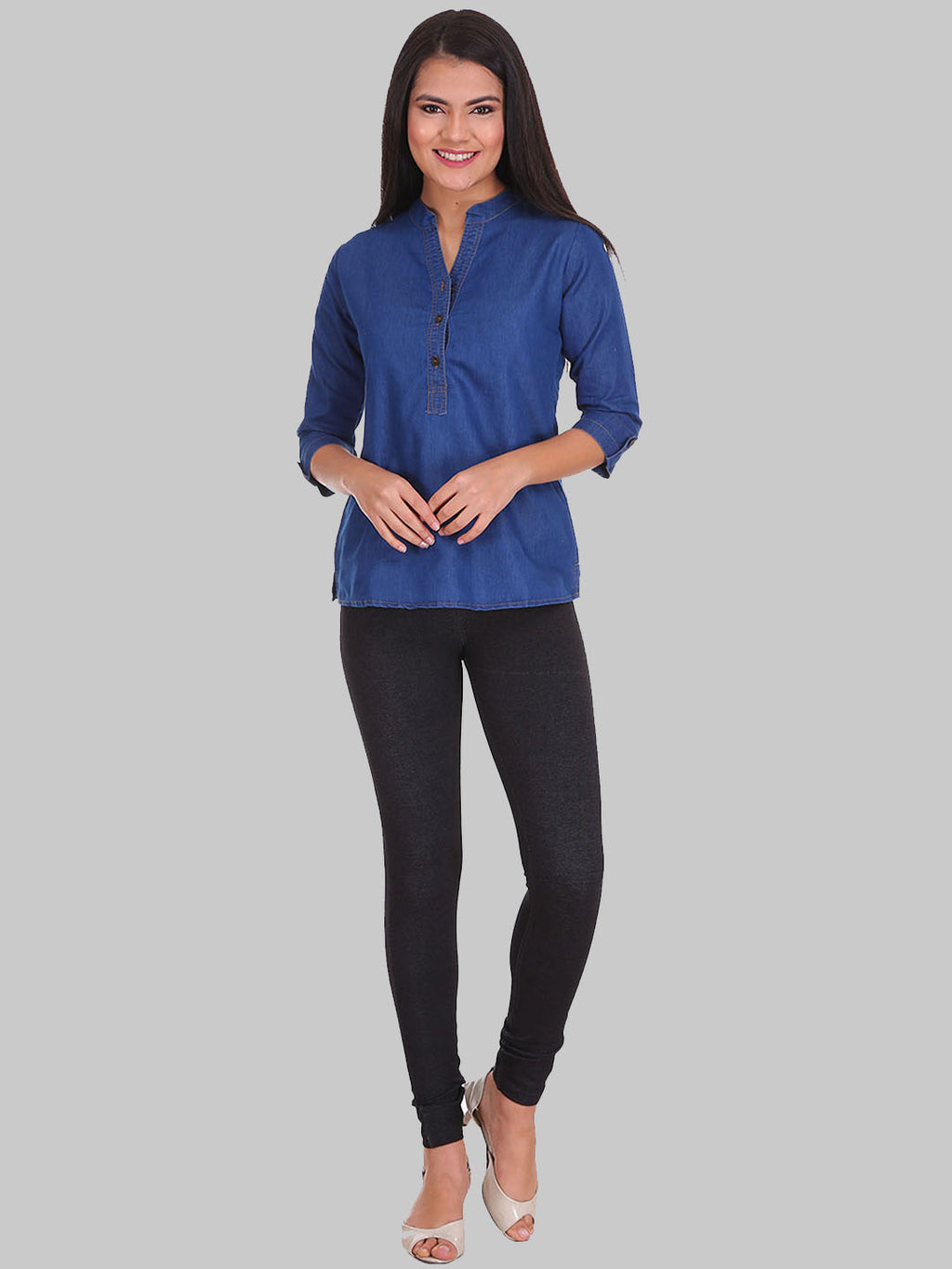 Saundarya Women's Denim Band Collar Top