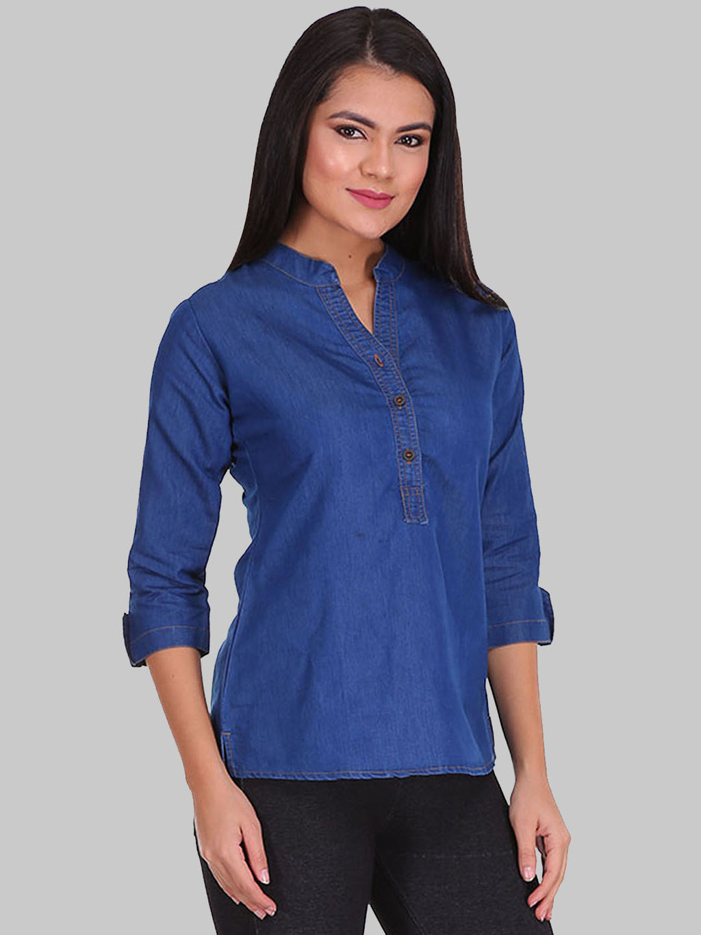 Saundarya Women's Denim Band Collar Top