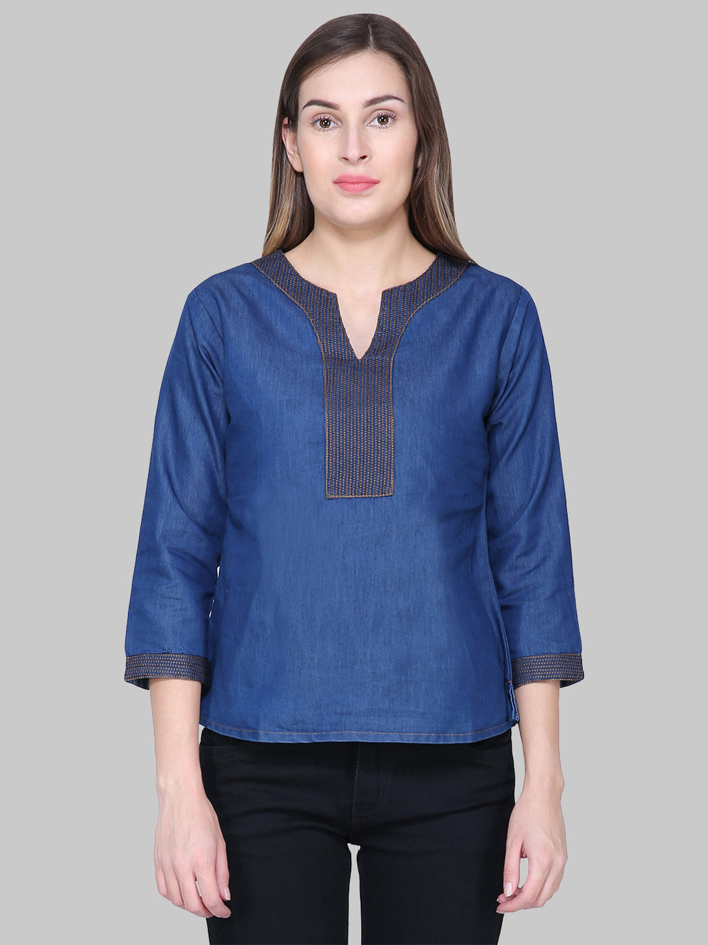 Saundarya Women's Denim Embroidered Neck Top