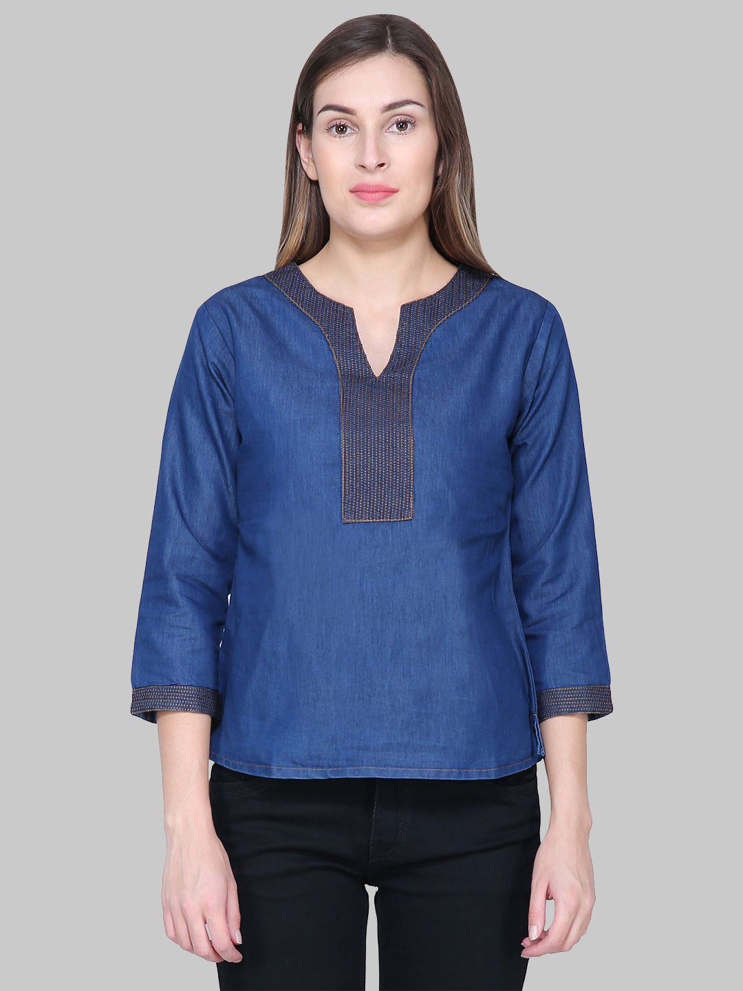 Saundarya Women's Denim Embroidered Neck Top