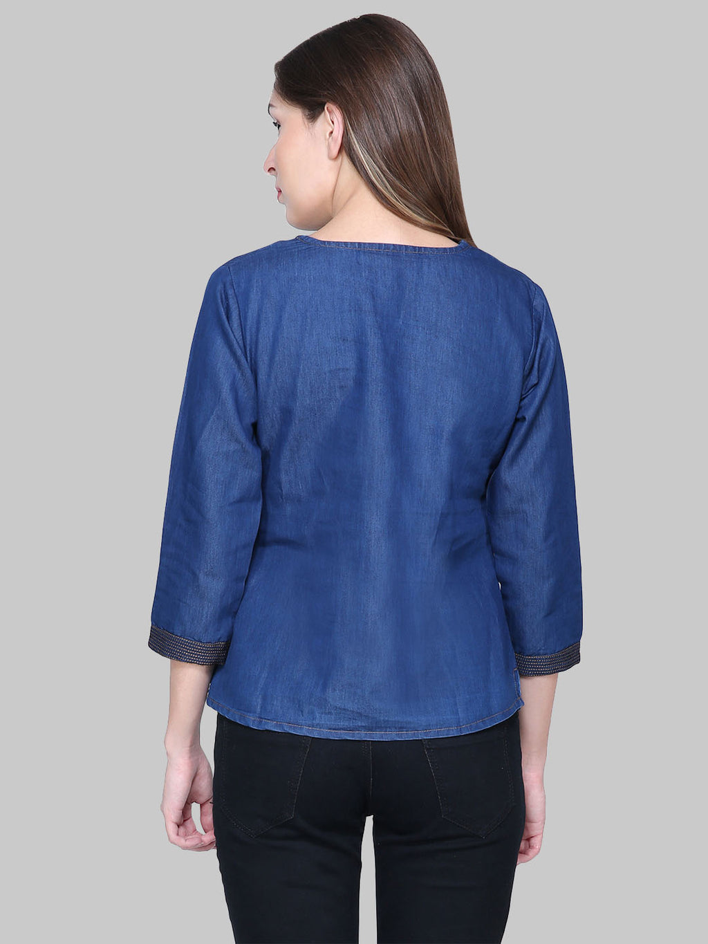 Saundarya Women's Denim Embroidered Neck Top