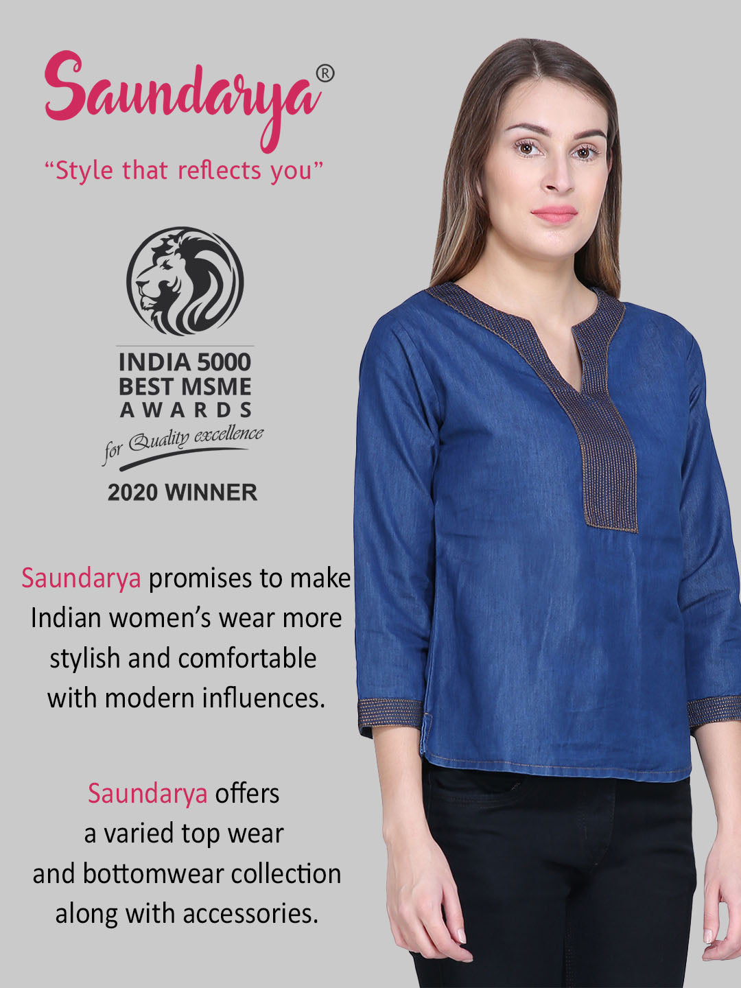 Saundarya Women's Denim Embroidered Neck Top