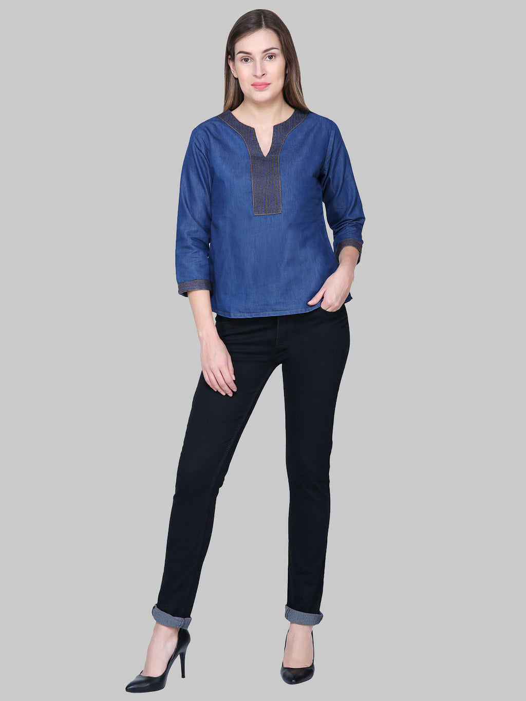 Saundarya Women's Denim Embroidered Neck Top