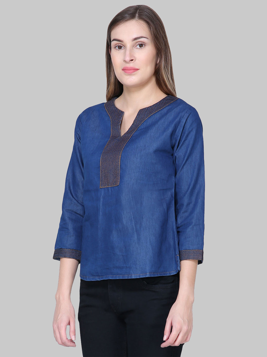 Saundarya Women's Denim Embroidered Neck Top