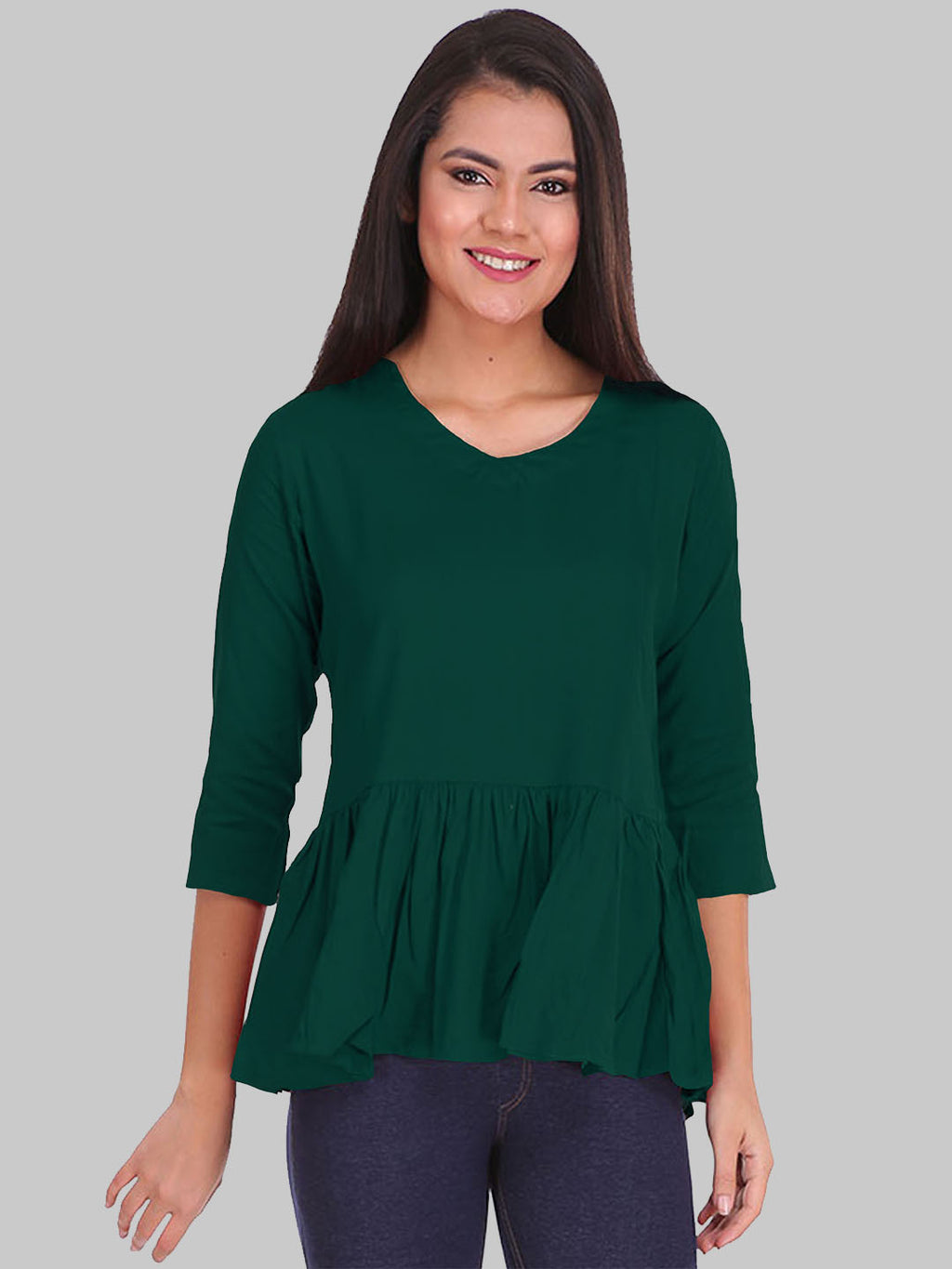 Saundarya Women's Plain Bottle Green Flared Top
