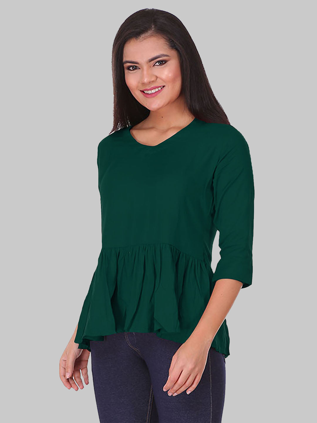 Saundarya Women's Plain Bottle Green Flared Top