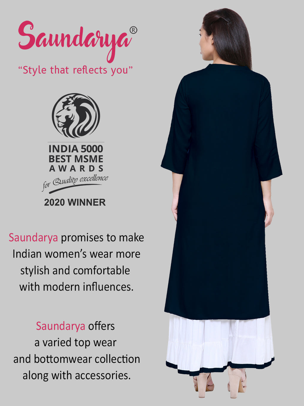 Saundarya Women's Navy Blue Kurta with White Sharara set