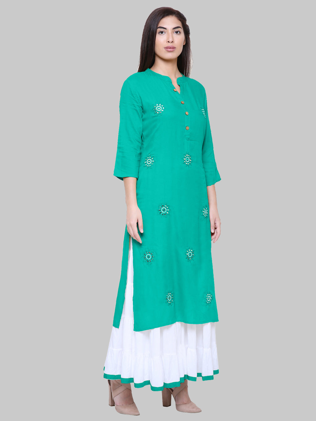 Saundarya Women's Rama Green Kurta with White Sharara set